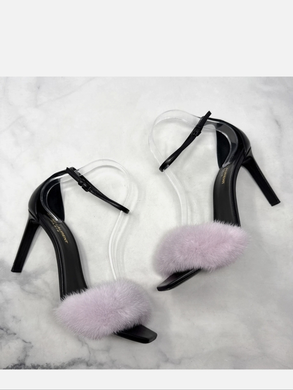 Saint Laurent Black Heels with Lilac Fur Strap - Picture 5 of 5